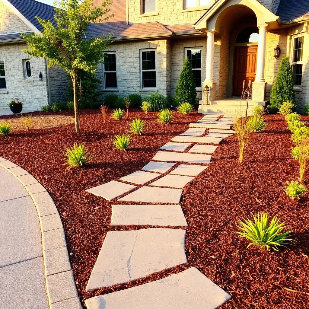Stone walkway with fresh mulch beds